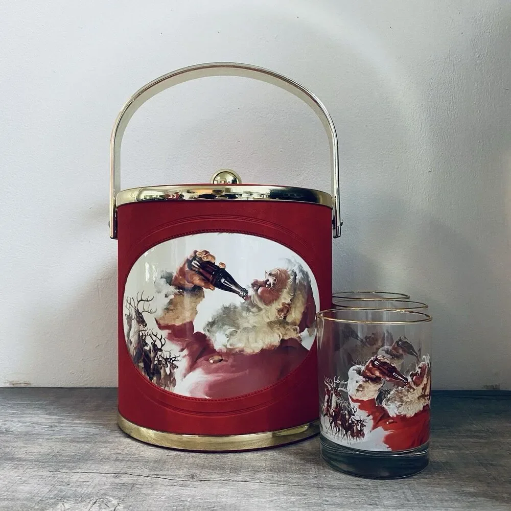 Vintage 1993 Coca Cola Red Felt Ice Bucket W/ Three 14 Ounce Glasses